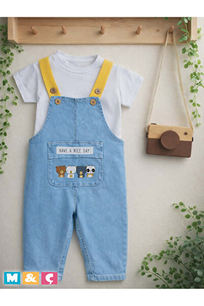 MÇ FAMİLY STORe Baby Denim Salopet Jumpsuit Set Short Sleeve T-Shirt Long Pan...
