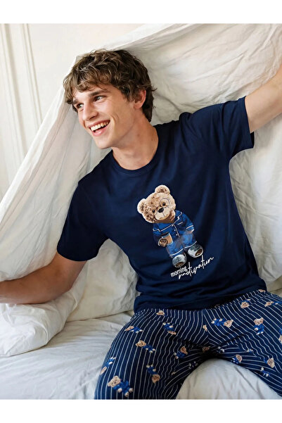 LC Waikiki Navy Blue Standard Fit Bear Teddy Printed Men's Pajamas Set