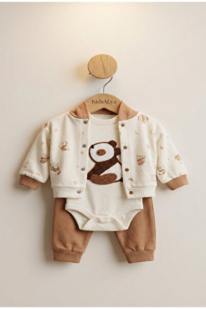 ALYAKİDS Baby Boy Panda Embroidered 3-Piece Set Brown Cardigan Top and Bottom...