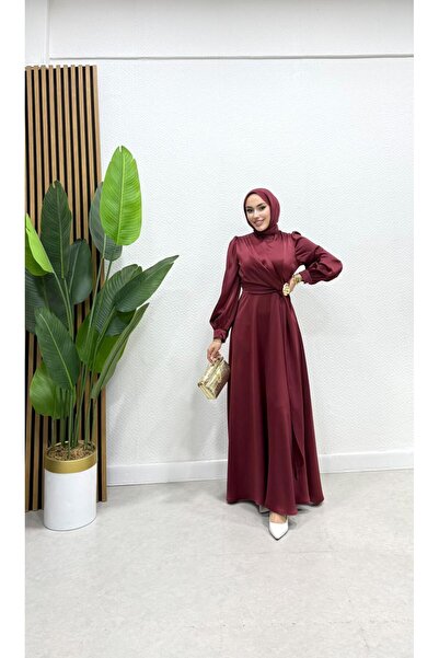 moda crn Elara Zarif Saten Broş Detaylı Tesettür Abiye