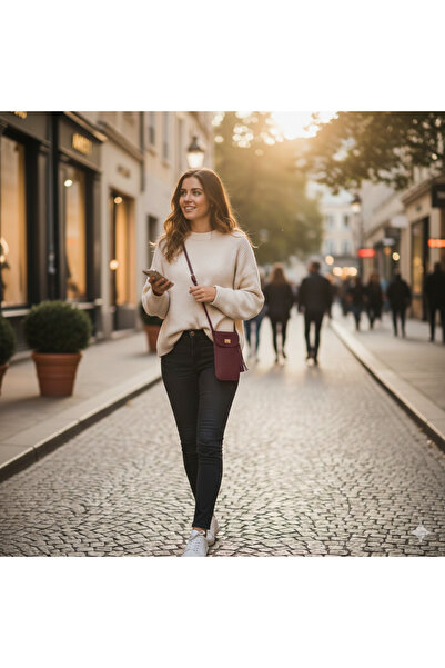 Pai Kızıl Kahve Suni Deri Telefon Çantası – Gold Kilitli, Uzun Askılı Kadın O...