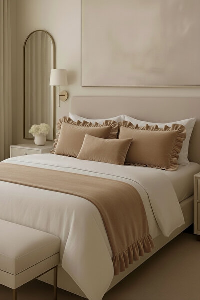 JACA 4'lü Kadife Kumaş Dekoratif Fırfır Yatak Runner & İç Dolgulu Fırfırlı Fe...