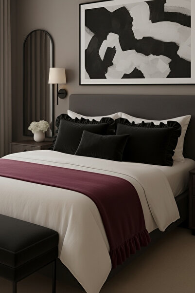 JACA 4'lü Kadife Kumaş Dekoratif Fırfır Yatak Runner & İç Dolgulu Fırfırlı Fe...