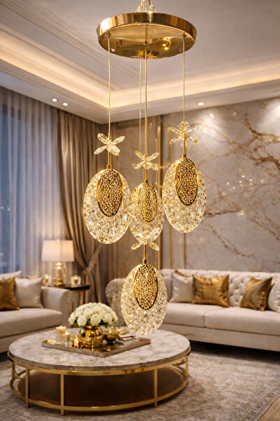 Empressco Modern Lüks Kristal Taşlı Ay 4lü Gold Kaplama Power Ledli Salon Mut...