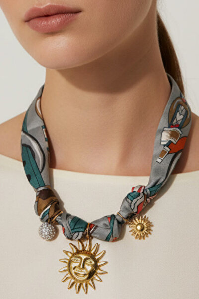 BHR AKSESUAR Gold Sun Figured Zircon Stone Scarf Necklace (55 cm)