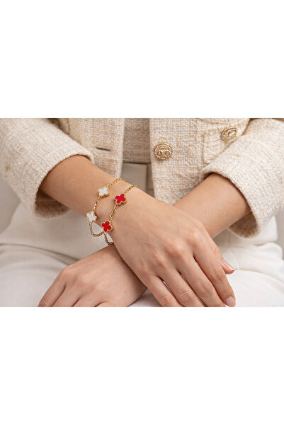 OEM Martisor Bracelet Set, White & Red Clover Pattern, Adjustable Gold Chain,...