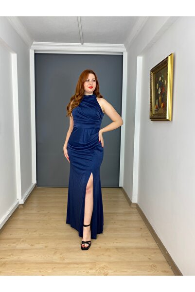 gökkuşagı moda Lacivert Büyük Beden Dik Yaka Likralı Simli Uzun Abiye Elbise