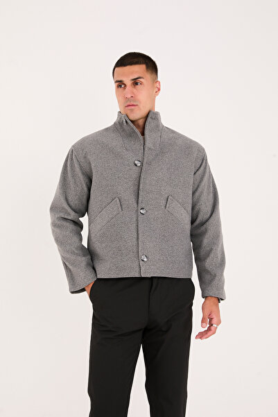 RUVEN TEKSTİL Men's Standing Collar Short Checked Coat with Pockets