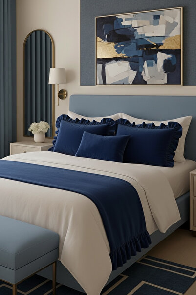 JACA 4'lü Kadife Kumaş Dekoratif Fırfır Yatak Runner & İç Dolgulu Fırfırlı Fe...