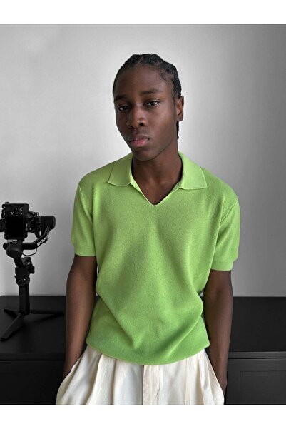 elkumoda Men's Italian Collar Half Oversize Knitwear T-Shirt Relaxed Fit Knit...