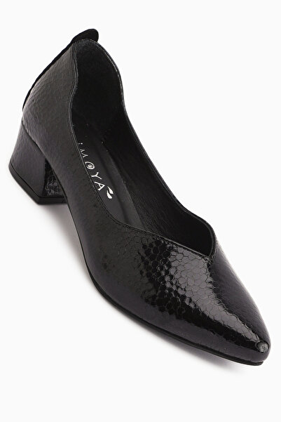 Limoya Samia Genuine Leather Black Snake Pattern Thick Heeled Women's Shoes