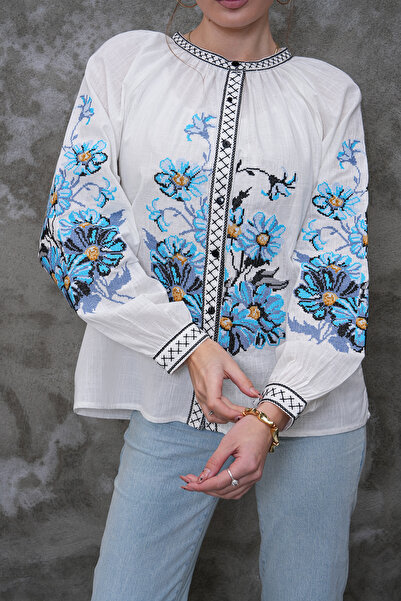 FancyWorld Cămașă din bumbac brodată cu flori, cu guler imprimat, mâneci bufa...