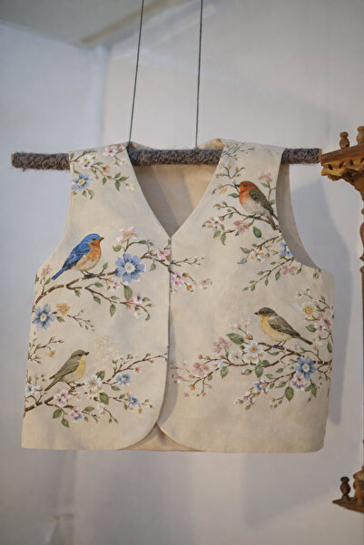 Nulivez Vintage Bird and Floral Patterned Beige Vest – Artistic Design, Uniqu...