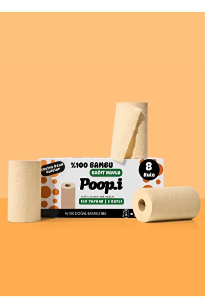 Poop.i %100 Bambu "Extra Uzun Rulo" 8 Kağıt Havlu NAKED Doğal Beyaz
