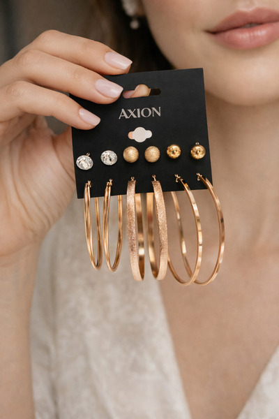 COCOSH TAKI Gold Color Large 6-Piece Patterned Multiple Hoop Earring Set