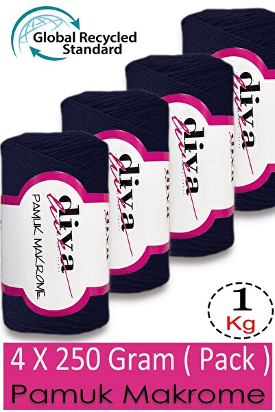 Diva İplik 1 кг - 4-пакет - 3 мм - Бавовняна макраме нитка для сумок 2112 Синій