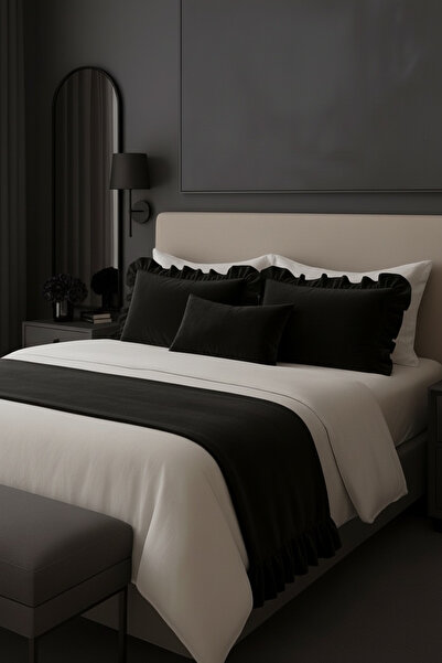 JACA 4'lü Kadife Kumaş Dekoratif Fırfır Yatak Runner & İç Dolgulu Fırfırlı Fe...