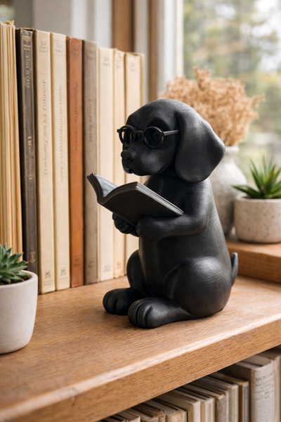 The Plasti Kitap Okuyan Köpek Figürü Kitaplık Süsü Tatlı Masa Süsü