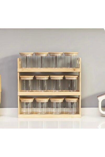 Generic Bamboo Jar Organizer Rack – 13-Piece Set, Natural Colour