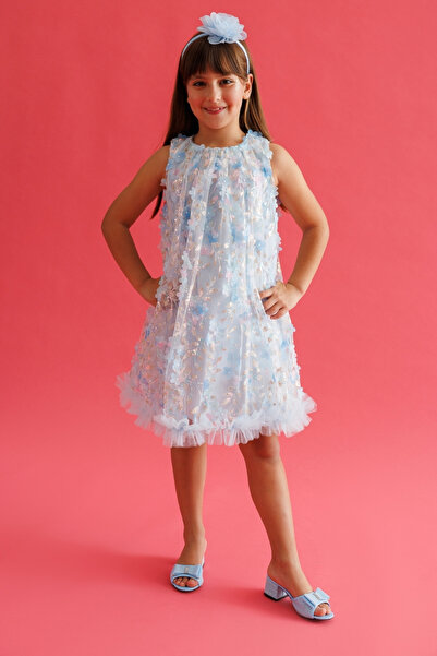 Le Mabelle Mavi Çiçek Kabartmalı Kız Çocuk Elbise - Ivory