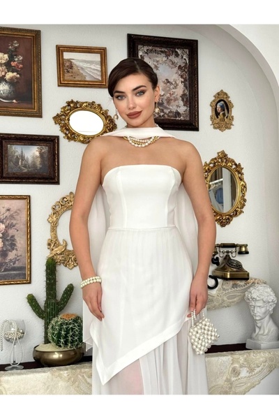 Dilek Vardar White Women's Strapless Long Evening Dress with Shawl Detail