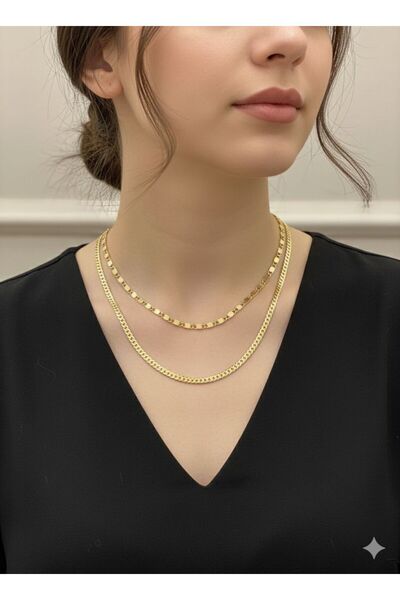 BFB aksesuar İkili Kolye Seti - 45 cm Pul Zincir & 50 cm Gurmet Zincir Kombini