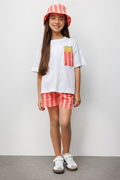 Le Mabelle Red Chips Figured Stripe Patterned Children's T-Shirt and Shorts T...
