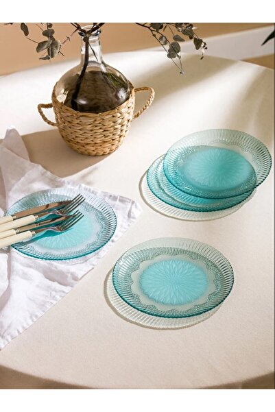 LC Waikiki LCW HOME Turkuaz Desenli Cam Tabak Seti 4'lü 21 Cm