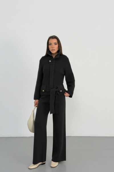 Lusin Women's Black Stand Collar Belted Premium Quality Knitwear Cardigan Wid...