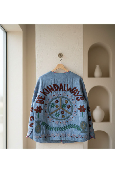 Yoncha Kadın Ceket Nakış Detaylı Dokuma %100 Pamuklu