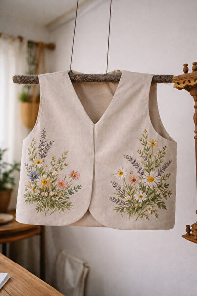 Nulivez Vintage Floral Patterned Beige Vest – Artistic Design, Unique Piece