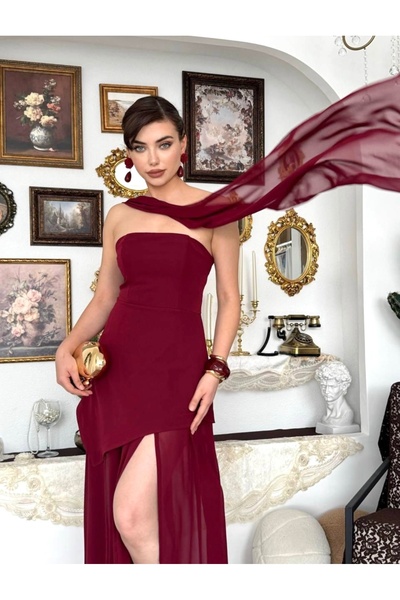 Dilek Vardar Burgundy Women's Strapless Shawl Detailed Long Evening Dress