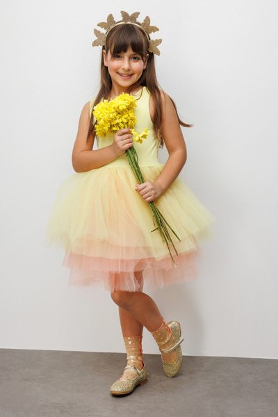 Le Mabelle Girl's Ballerina Dress with Yellow Tulle Skirt - Carmen
