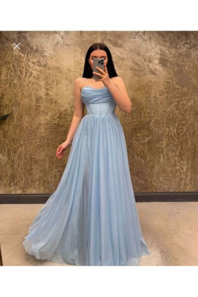 defnorabutik Göğüs Drapeli Korseli Ayarlanabilir ip bağlamalı Simli Uzun Elbise