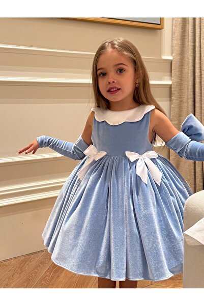 Asel Kids Rochie din catifea pentru fete, cu guler tip șorț și mănuși