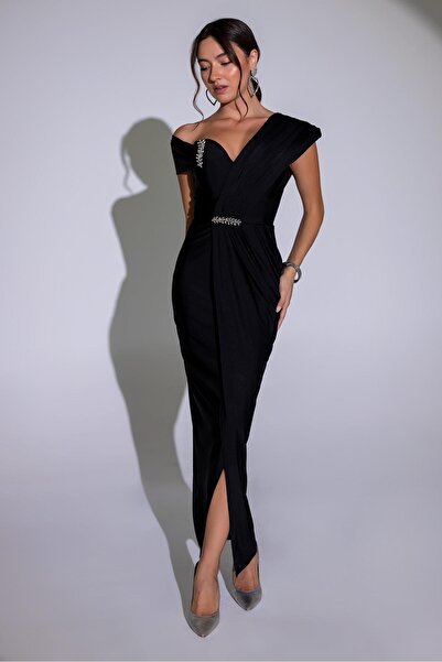 zoezoe Kadın Tek Omuz Taş Detaylı Drapeli Midi Boy Abiye