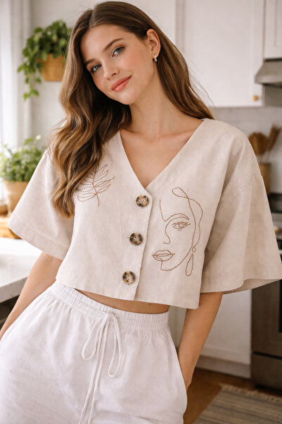 Nulivez Beige Patterned Crop Shirt – Minimal Face Pattern, Buttoned, Stylish ...