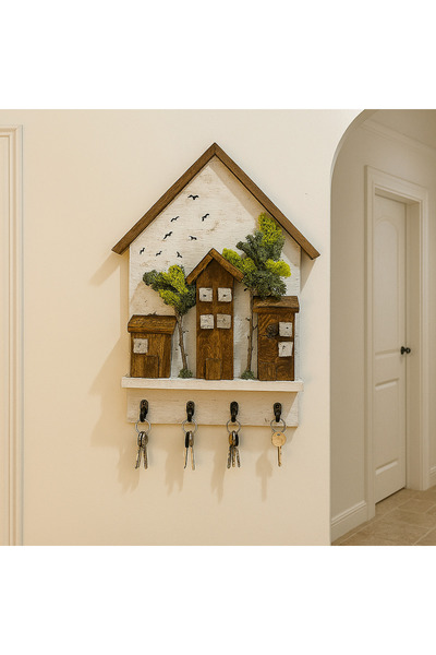 woodline Ahşap Ev Temalı Duvar Askılığı 25x36 cm–4 Kancalı Anahtarlık , El Ya...
