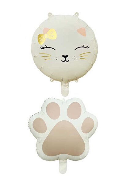 Patladı Gitti Retro Cream Colored Cat and Paw Foil Balloon Set