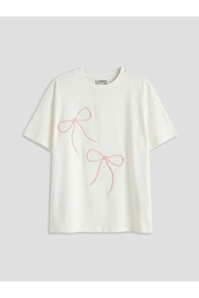 LC Waikiki Lcw Детска тениска за момичета с кръгло деколте и лък