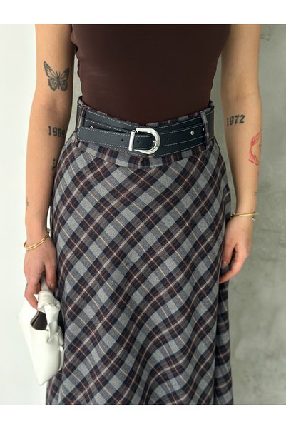 MAİMODA Wide Belt Plaid Flared Long Skirt