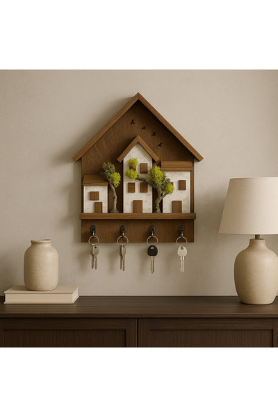 woodline Ahşap Ev Temalı Duvar Askılığı 25x36 cm–4 Kancalı Anahtarlık , El Ya...