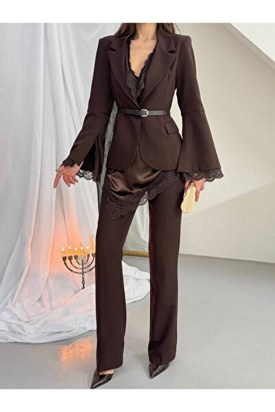 Julidress Lace Detailed Belted Jacket, Satin Blouse and Trousers Premium 4-Pi...