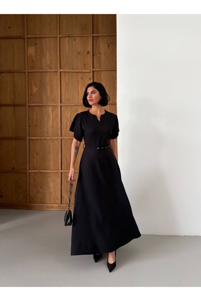 QETEENN Kemerli V yaka Uzun Elbise