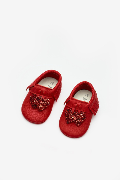 Le Mabelle Kırmızı Kalp Figürlü Kız Bebek Deri Makosen