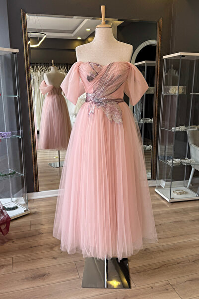Lenta Moda Pudra Tül Drape Üzeri Dantel Detaylı Midi Boy Abiye ve Gece Elbisesi