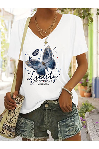 Deocept V-Neck Butterfly Printed Relaxed Fit T-Shirt