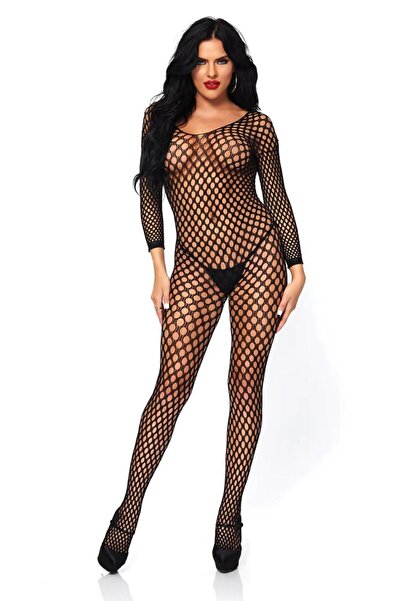 Kadın File Vücut Çorabı Uzun Kollu Transparan Seksi Fantezi Giyim Bodystocking Siyah