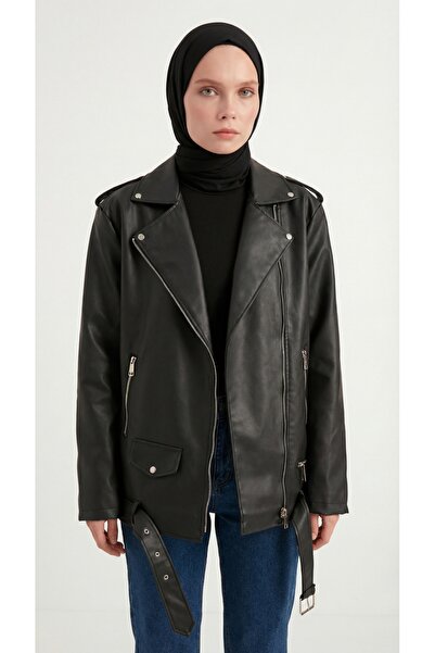 MEECY Women's Oversize Biker Hijab Leather Jacket