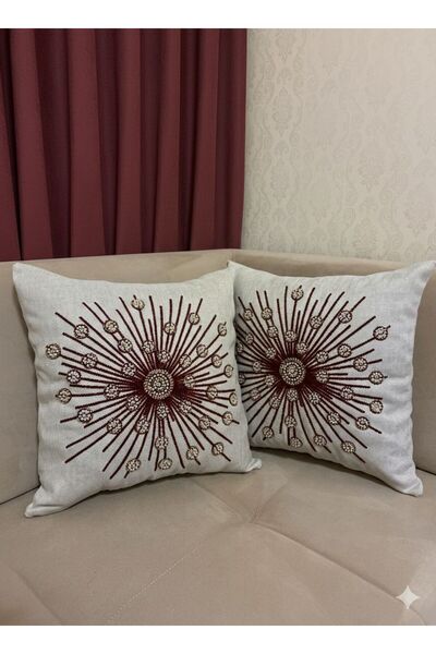 Mustgross Beaded Punch Embroidered Linen Cushion Cover Set of 2 - 43X43 cm